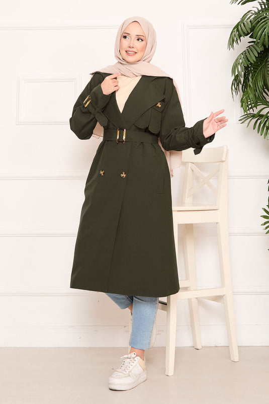Trench-coat hijab amovible détaillé avec ceinture Aller Kaki