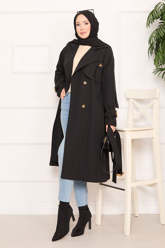 Gabardina Modesta Negra Con Cinturón Detallada