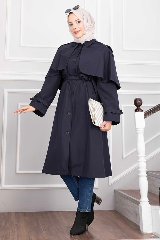 Cappotto Lungo Trench Con Cintura Blu Navy