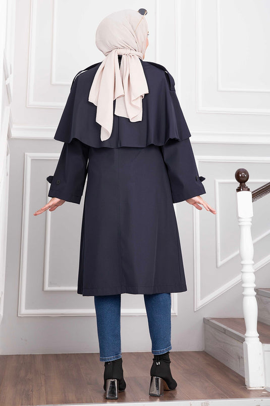 Cappotto Lungo Trench Con Cintura Blu Navy