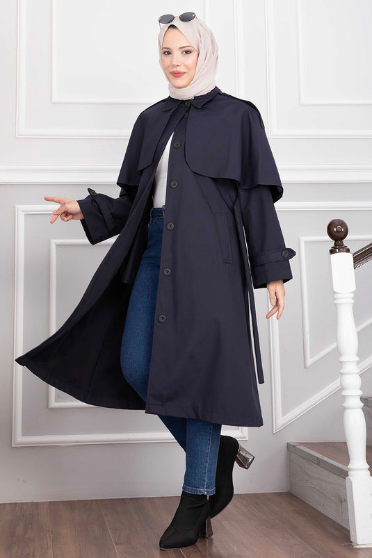 Cappotto Lungo Trench Con Cintura Blu Navy
