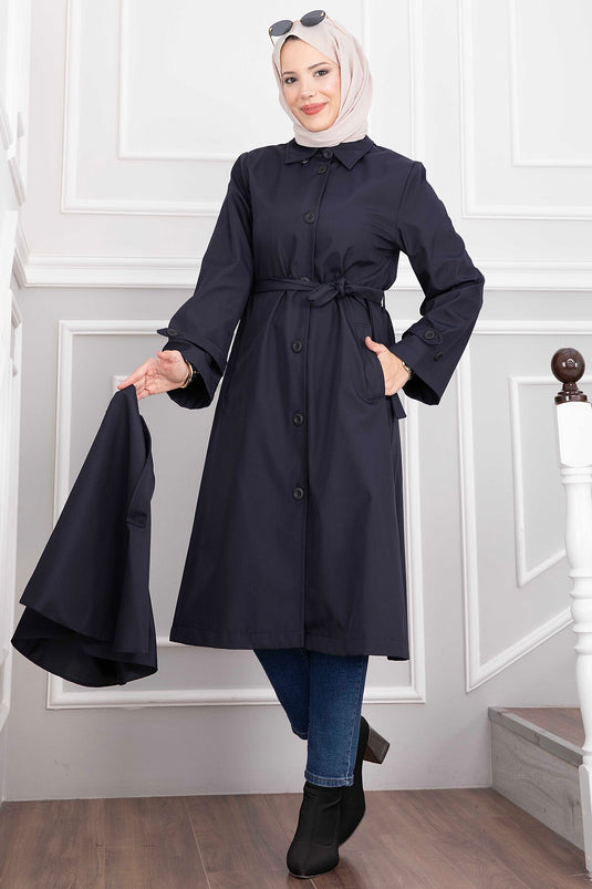 Cappotto Lungo Trench Con Cintura Blu Navy