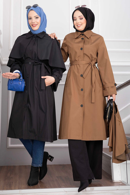 Langer Gürtel-Trenchcoat In Schwarz