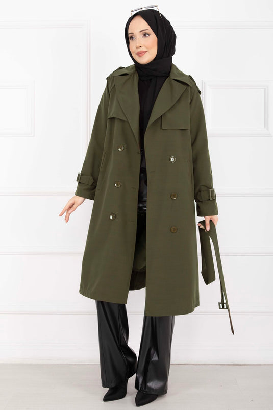 Allerli Seyyar Kuşaklı Premium Trençkot Haki