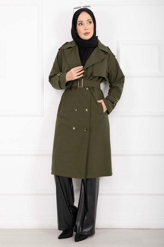 Allerli Seyyar Kuşaklı Premium Trençkot Haki