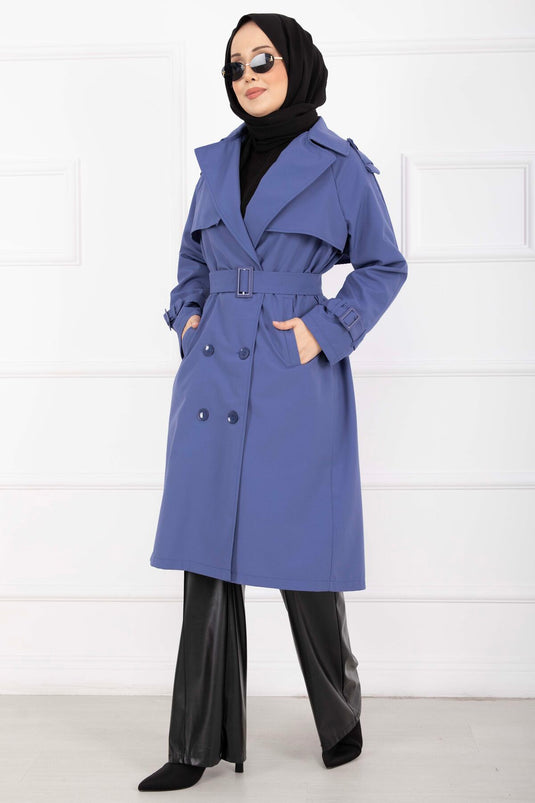 Allerli Seyyar Kuşaklı Premium Trençkot İndigo