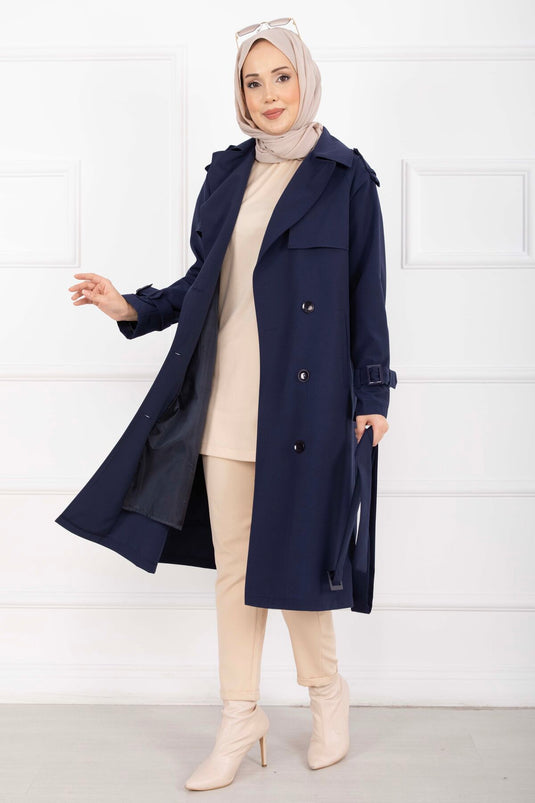 Allerli Seyyar Kuşaklı Premium Trençkot Lacivert