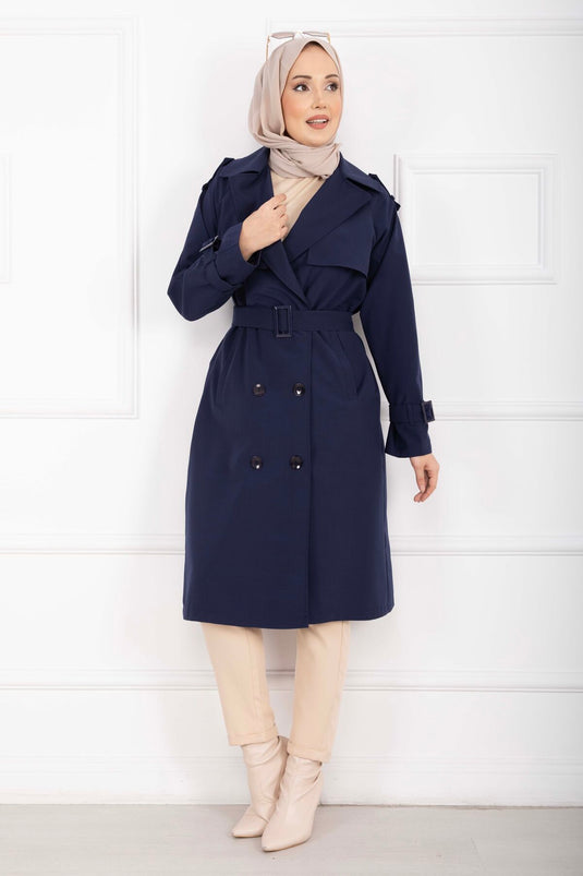 Allerli Seyyar Kuşaklı Premium Trençkot Lacivert