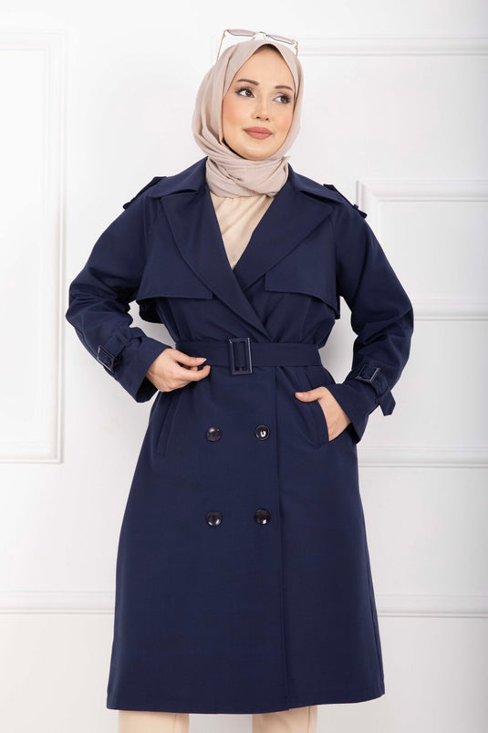 Allerli Seyyar Kuşaklı Premium Trençkot Lacivert