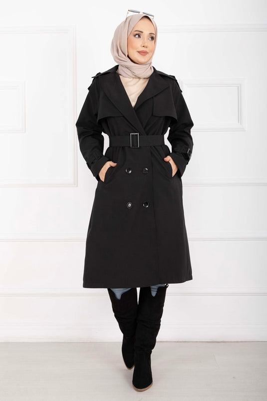 Allerli Seyyar Kuşaklı Premium Trençkot Siyah