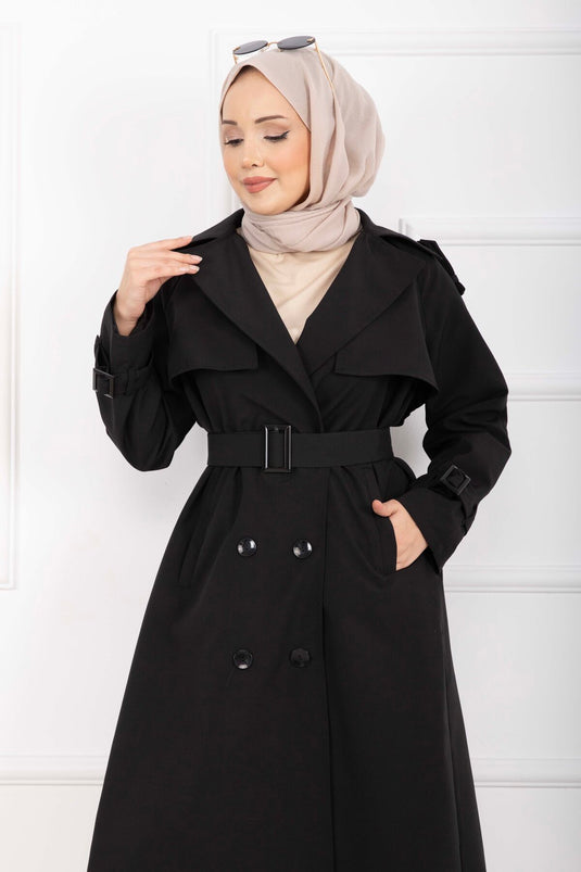 Allerli Seyyar Kuşaklı Premium Trençkot Siyah