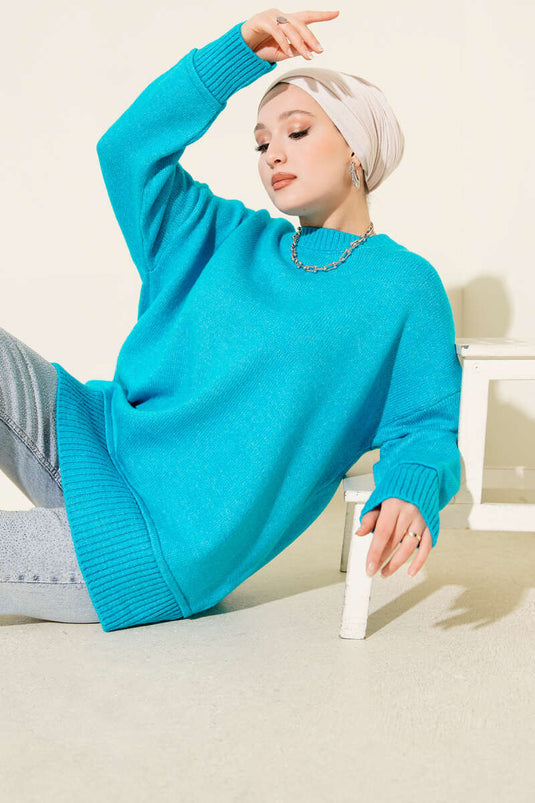 Alt Dikişli Yumoş Triko Tunik Mavi