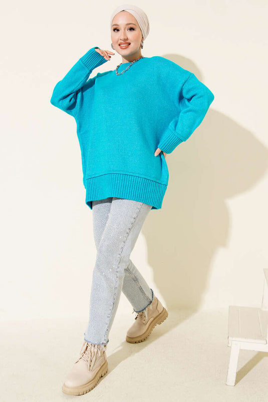 Alt Dikişli Yumoş Triko Tunik Mavi