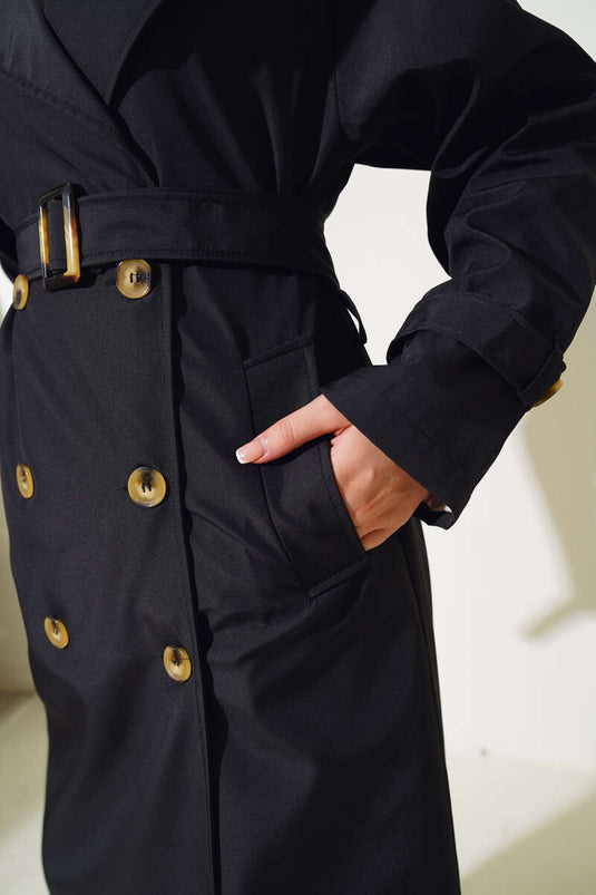 Six-Button Belted Trench Coat Black