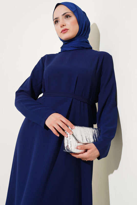 Altı Piliseli Dantelli Elbise Lacivert