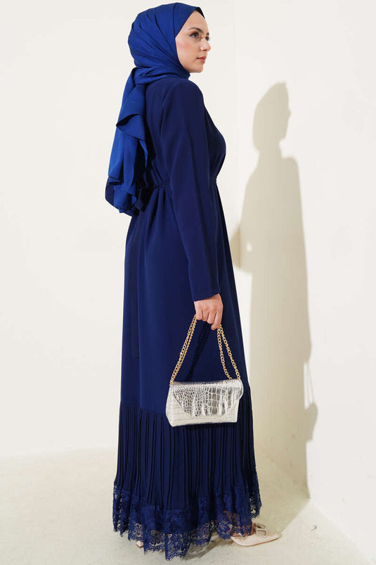 Altı Piliseli Dantelli Elbise Lacivert