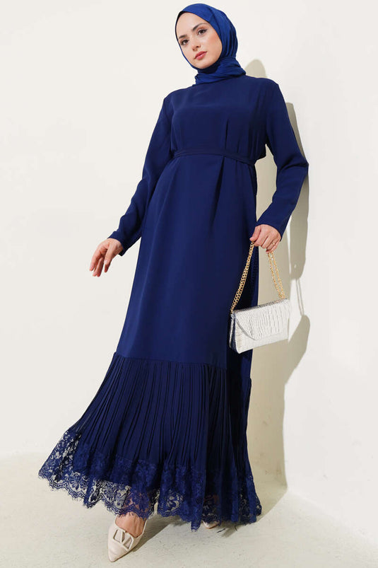 Plissiertes Spitzenkleid Marineblau