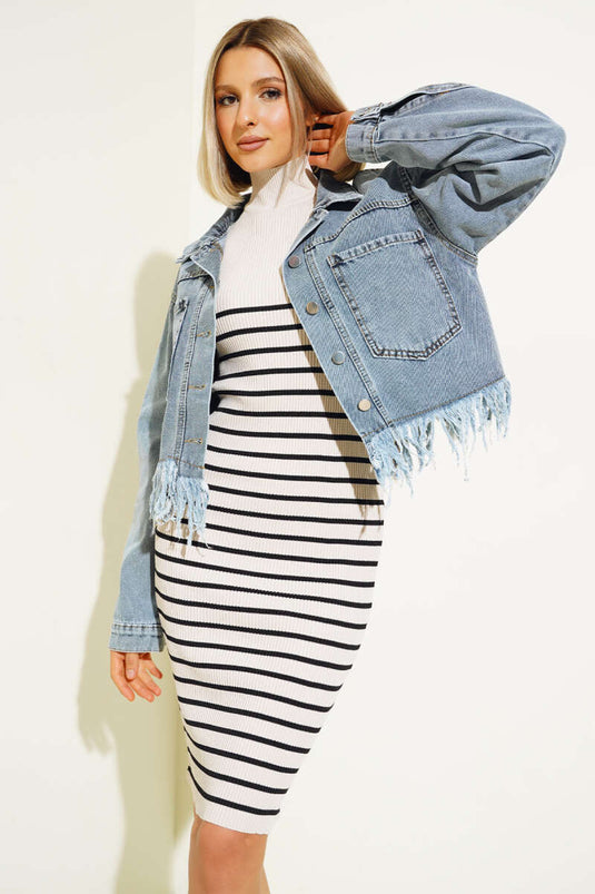 Veste en jean courte à franges bleue