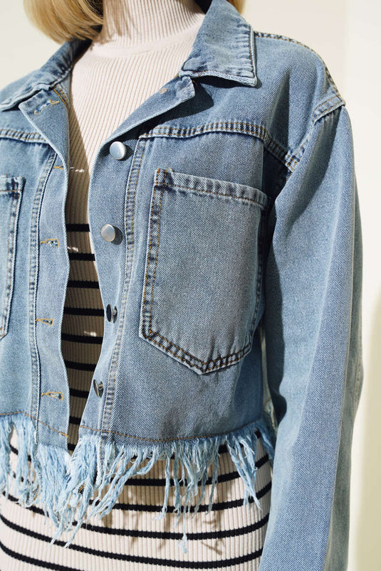 Altı Püsküllü Kısa Kot Ceket Mavi