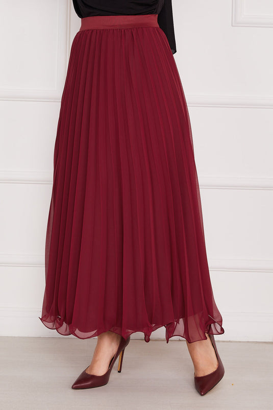 Altı Volanlı Piliseli Tesettür Etek Bordo