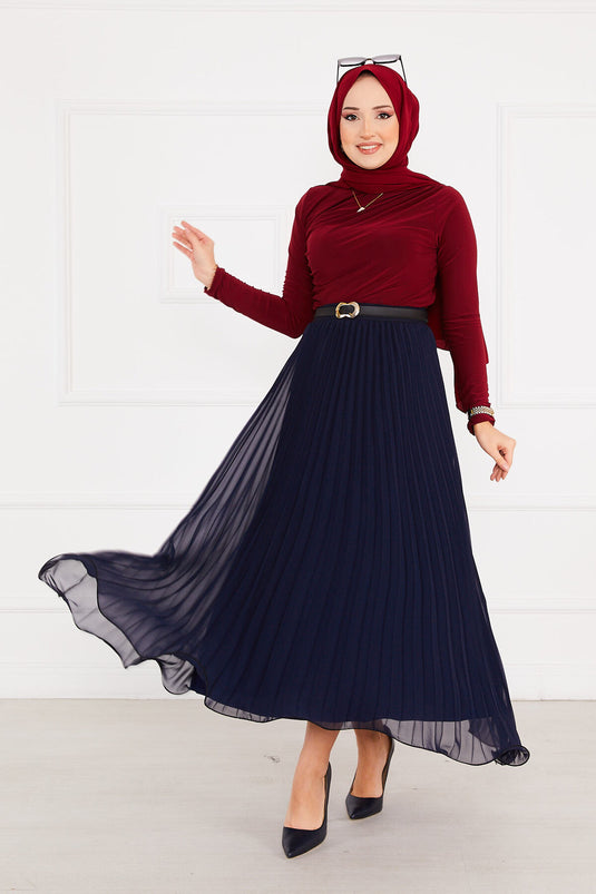 Six Pleated Hijab Skirt Navy Blue