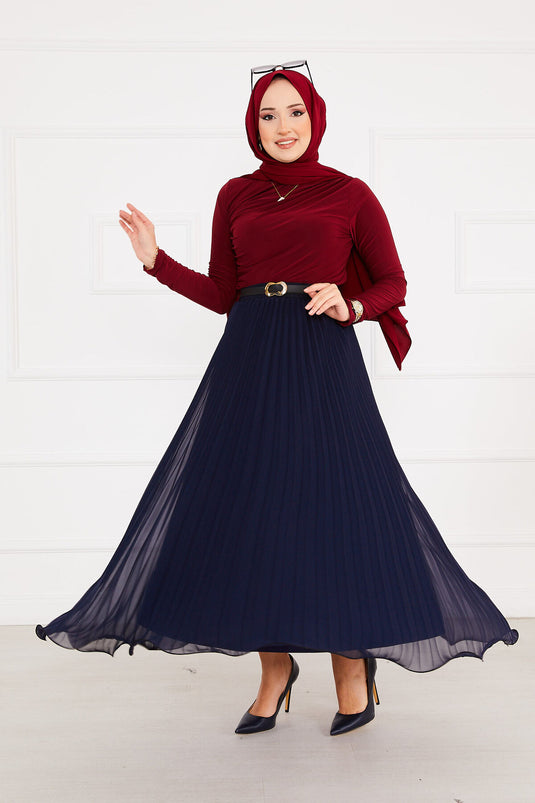 Six Pleated Hijab Skirt Navy Blue
