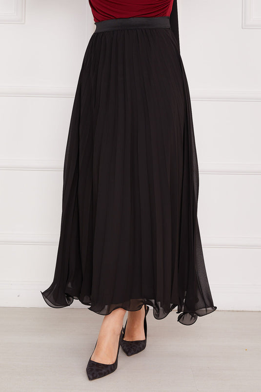 Altı Volanlı Piliseli Tesettür Etek Siyah