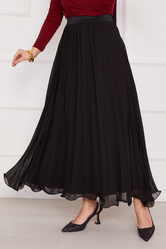 Altı Volanlı Piliseli Tesettür Etek Siyah