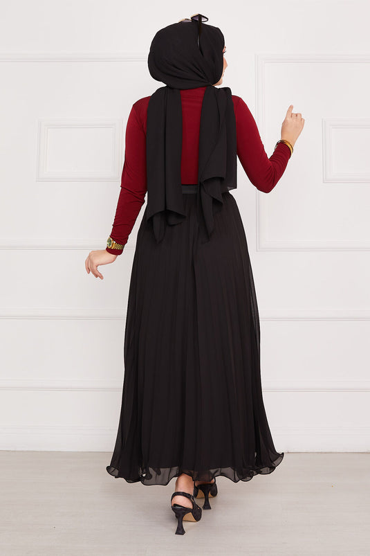 Altı Volanlı Piliseli Tesettür Etek Siyah