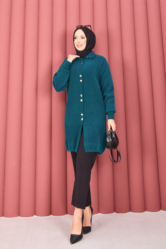 Gilet en angora avec hijab et boutons dorés, couleur pétrole