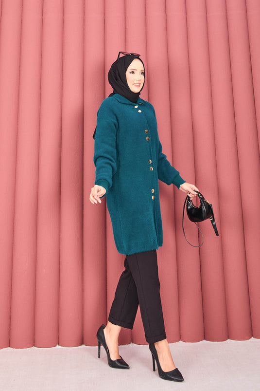 Gilet en angora avec hijab et boutons dorés, couleur pétrole