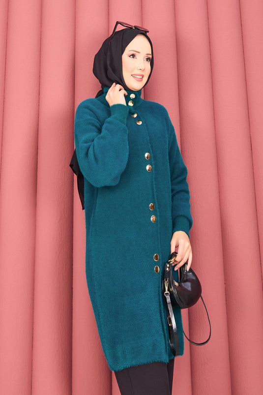 Gilet en angora avec hijab et boutons dorés, couleur pétrole