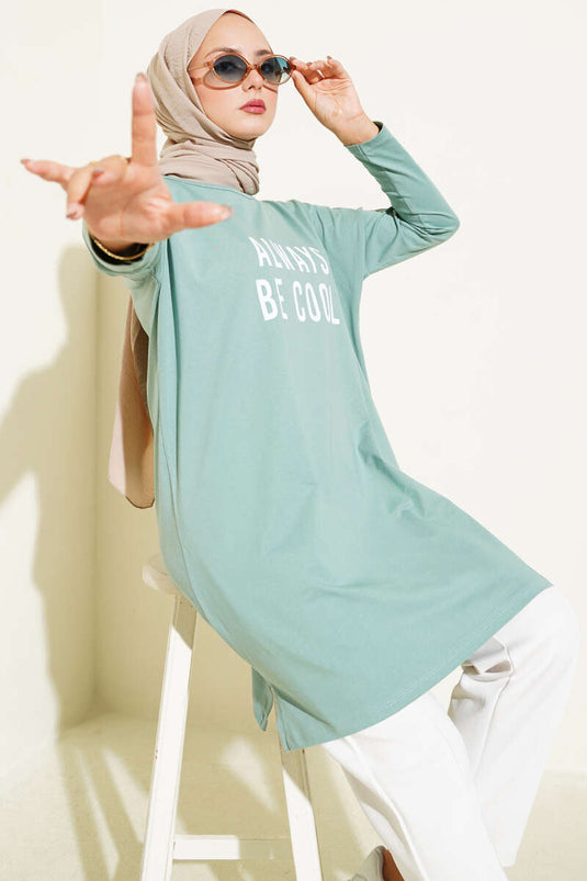 Bedruckte Tunika „Always Be Cool“ Mandelgrün