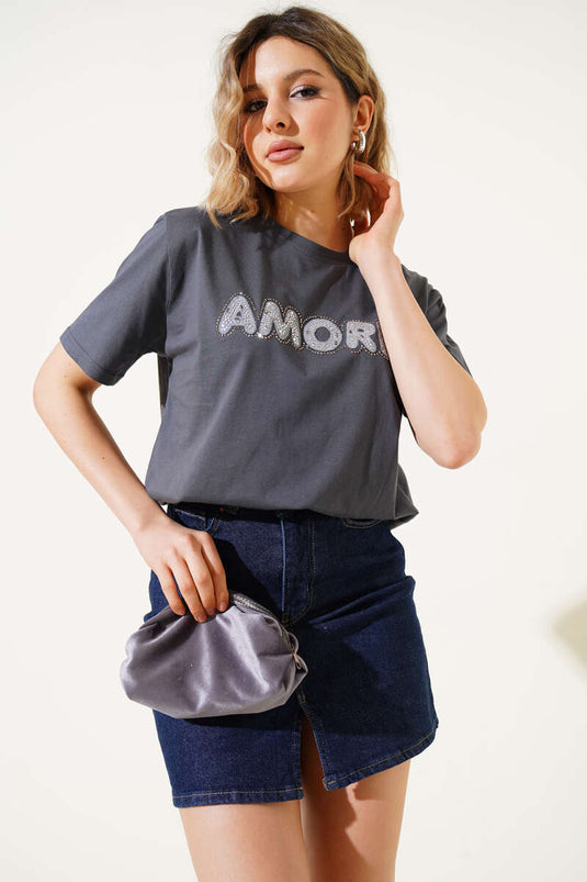 Amore Taş Yazılı T-shirt Füme