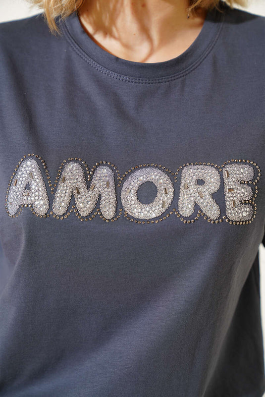 Amore Taş Yazılı T-shirt Füme