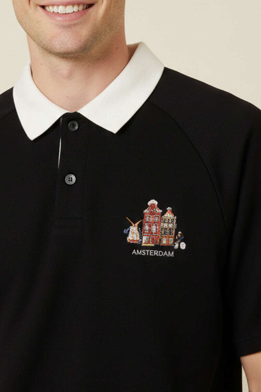 Amsterdam bedrucktes Polokragen Herren-T-Shirt Schwarz