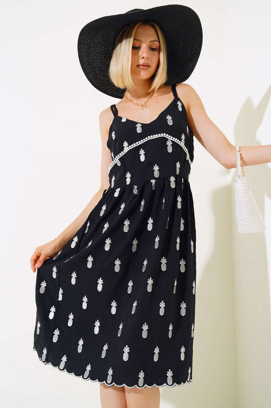 Ananas Nakışlı Askılı Elbise Siyah