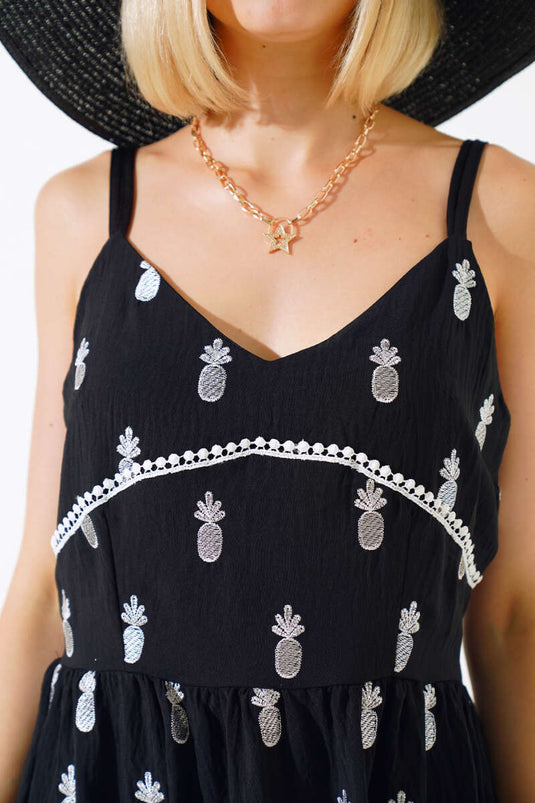 Ananas Nakışlı Askılı Elbise Siyah