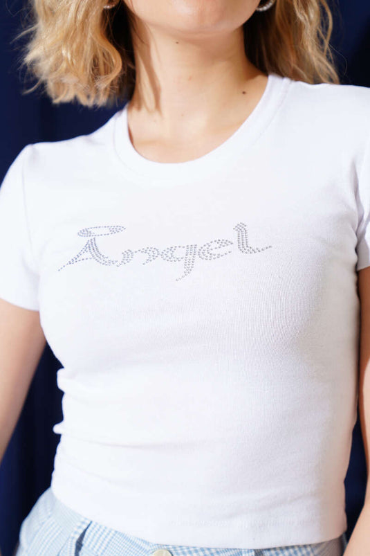 Angel Taş Yazılı Kısa Kol Crop Beyaz