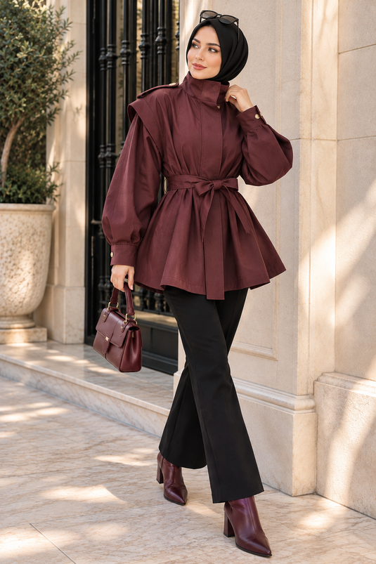 Burgundy Short Trench Coat With Epaulet Details And Stand Collar