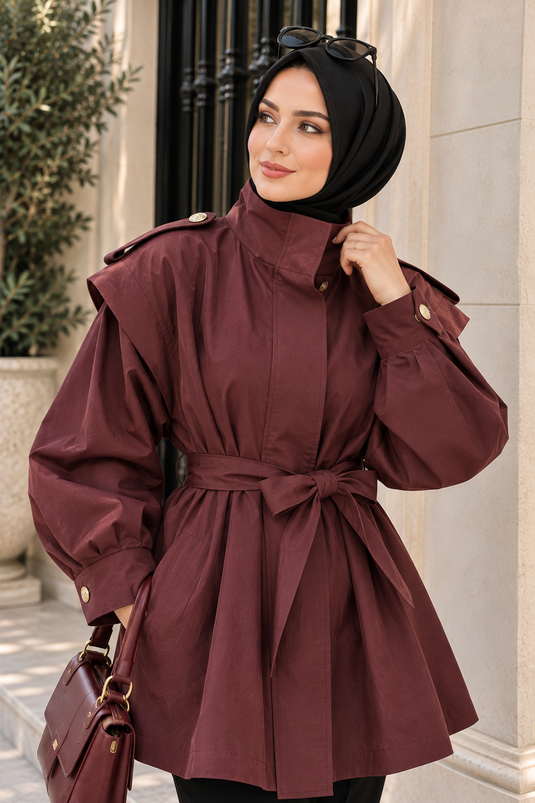Burgundy Short Trench Coat With Epaulet Details And Stand Collar