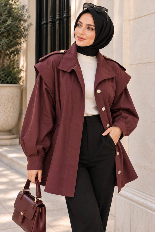 Burgundy Short Trench Coat With Epaulet Details And Stand Collar
