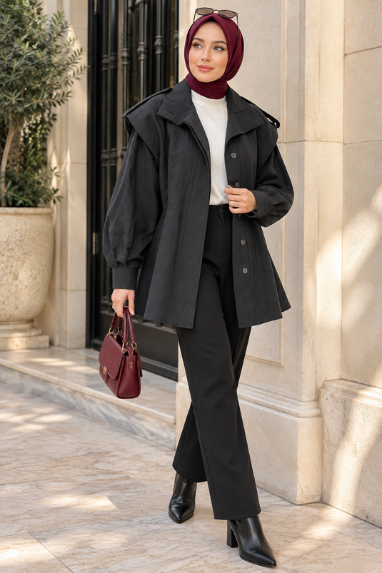 Zwarte Korte Trenchcoat Met Epaulet Details En Staand Kraag