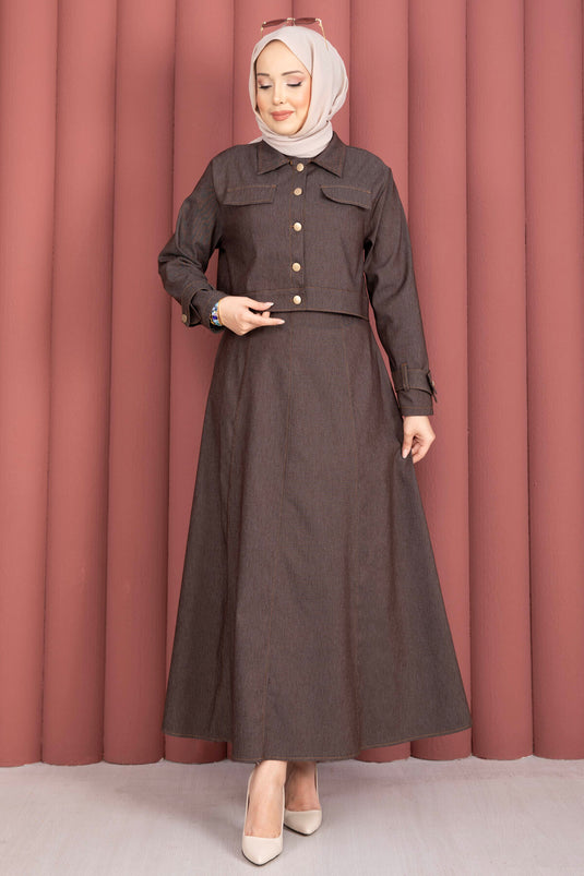 Dress with Epaulet Detail - Jacket and Jeans Two-Piece Set Brown