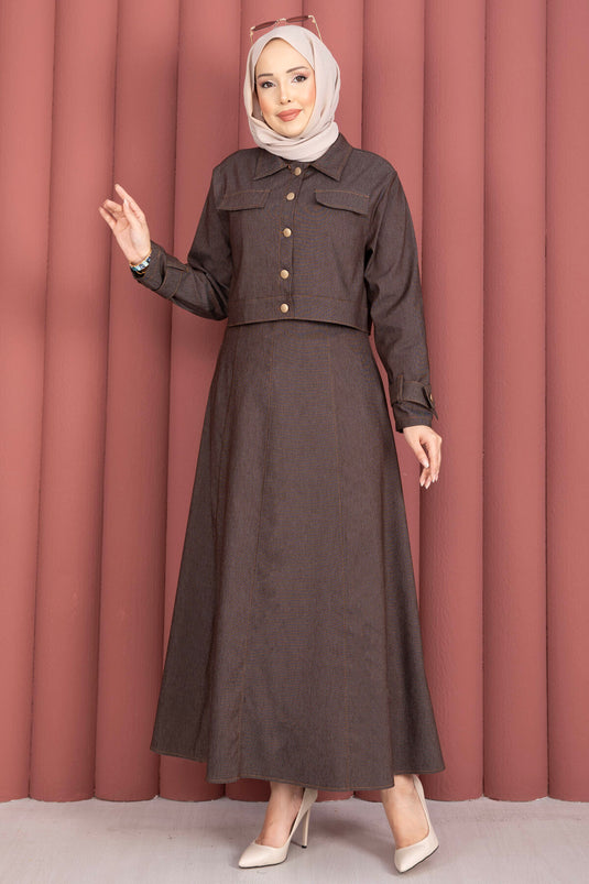 Dress with Epaulet Detail - Jacket and Jeans Two-Piece Set Brown