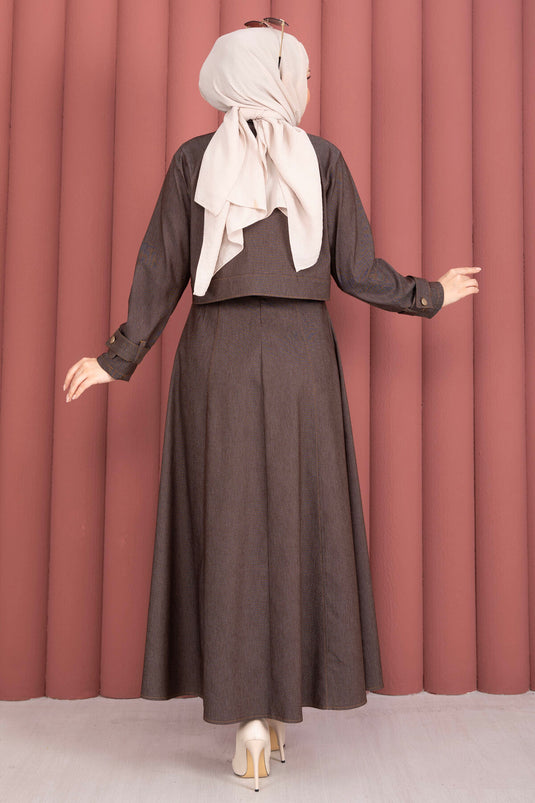 Dress with Epaulet Detail - Jacket and Jeans Two-Piece Set Brown