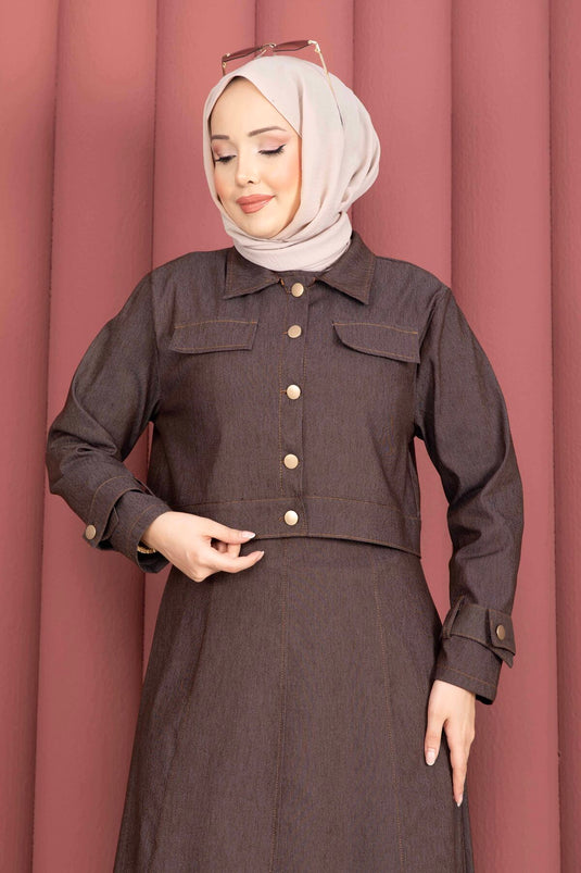 Dress with Epaulet Detail - Jacket and Jeans Two-Piece Set Brown