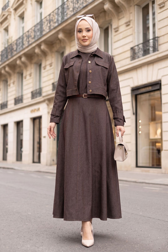 Dress with Epaulet Detail - Jacket and Jeans Two-Piece Set Brown