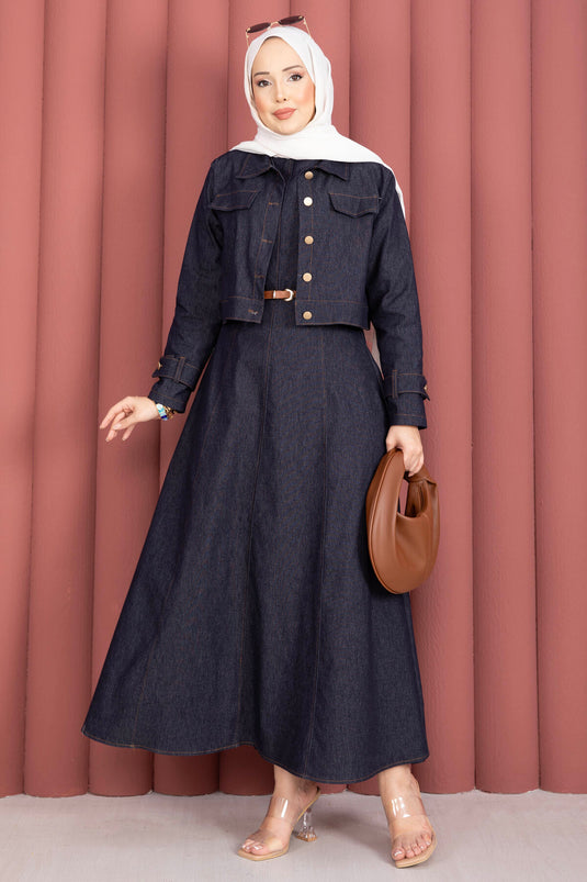 Belted Dress With Epaulet Details - Denim Jacket Set In Navy