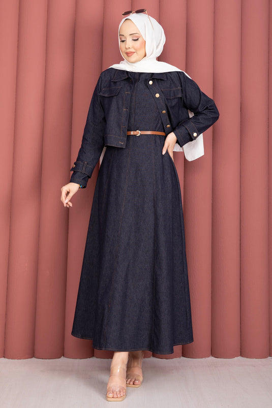 Belted Dress With Epaulet Details - Denim Jacket Set In Navy